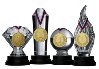 Collection of four unique trophies with gold medals isolated on transparent background for awards ceremonies and competitions