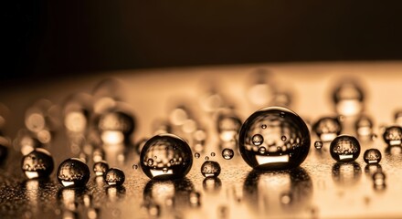 Macro photograph of mercury droplets on a dark surface, reflecting light and showing smaller bubbles within.