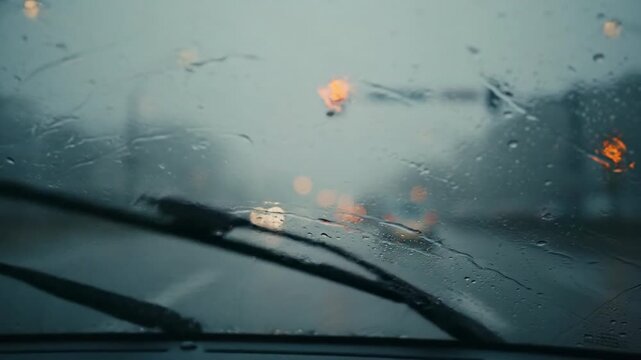 Gloomy rain on windshield with traffic bokeh effect.