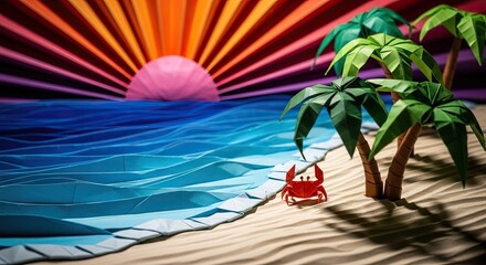 Origami beach landscape featuring a vibrant sunburst, turquoise sea, sandy shore, swaying palm trees and a curious crab, a paper