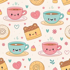 Cute Kawaii Tea Party Seamless Pattern: Happy Coffee Cups, Sweets, and Treats Background for Cafe Decor, Packaging, and Fabric Design