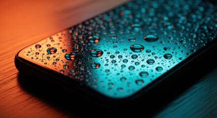 Close-up of a smartphone screen covered in water droplets, illuminated by colorful orange and teal lights.