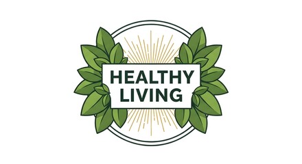 Healthy Living Badge with Leaves Illustration