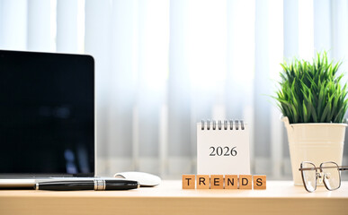 Wooden Letters TRENDS 2026 on Workspace &mdash; Future Technology and Design Trend Concept