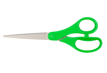 Open green plastic scissors ideal for school projects and everyday office use.