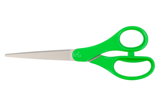 Open green plastic scissors ideal for school projects and everyday office use.
