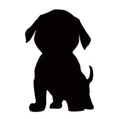 Adorable black silhouette of a cute sitting puppy dog with big ears and tail