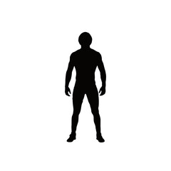 Full body silhouette of a standing man against a stark white background