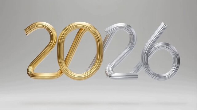 Gold and silver ribbon loops forming &ldquo;2026&rdquo; in a minimal clean style with smooth slow-motion movement. Elegant and modern look. Created with generative AI.