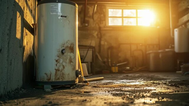 Old water heater in a dimly lit basement with natural light