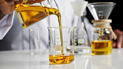 Scientist pouring golden liquid into a beaker in a laboratory setting, performing a chemical experiment or analysis. - Powered by Adobe