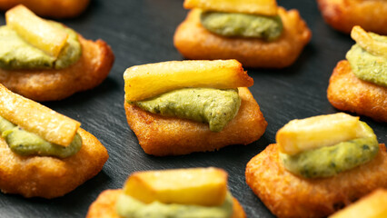 British Mini Fish and chips with mashed peas. Party Snack Food