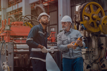 Engineers and staff are inspecting systems and components in a metal sheet and metal roofing manufacturing plant.