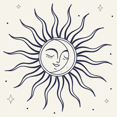 Sun and moon face with rays and stars, celestial astrology illustration