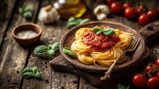 Freshly made pasta served on a rustic wooden table, vibrant tomato sauce and basil leaves adding colo  Generative Ai