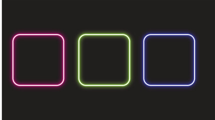 Three neon squares glowing in pink, green, and blue colors