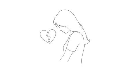 Sad Woman with Broken Heart Line Art