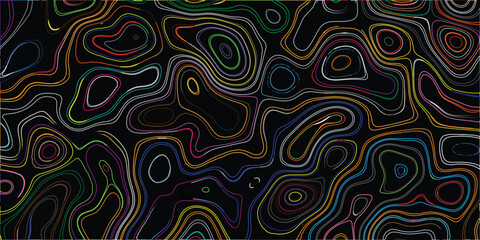 Colorful abstract topographic map-like pattern with swirling lines of various bright colors on a black background, creating a vibrant and organic design