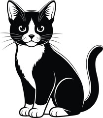 Tuxedo Cat Sitting Black and White Cartoon Vector Illustration
