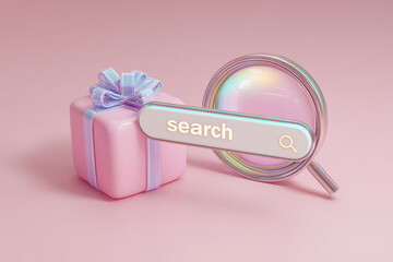 A glossy pink gift box with a sparkling iridescent bow next to a sleek search bar and a large magnifying glass for finding special presents