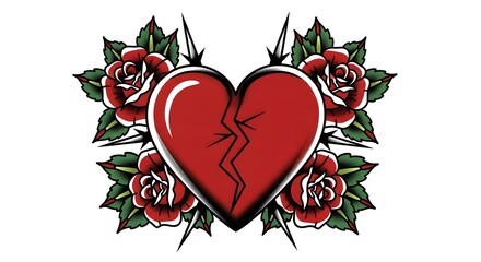 Broken Heart with Roses - Tattoo Style Illustration