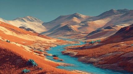 Tranquil Mountain Valley Scene with River Flowing Through a Serene Landscape