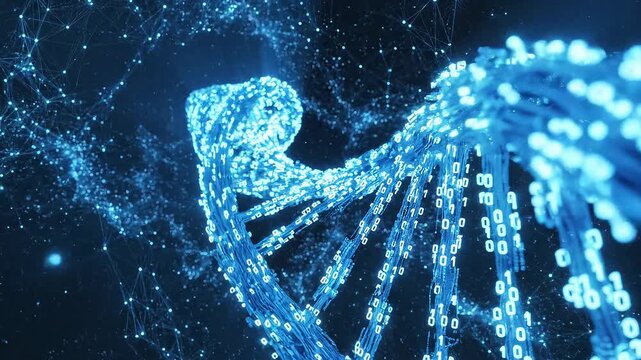 A digital representation of a DNA double helix made of binary code and glowing particles, symbolizing genetic data and biotechnology. - Powered by Adobe