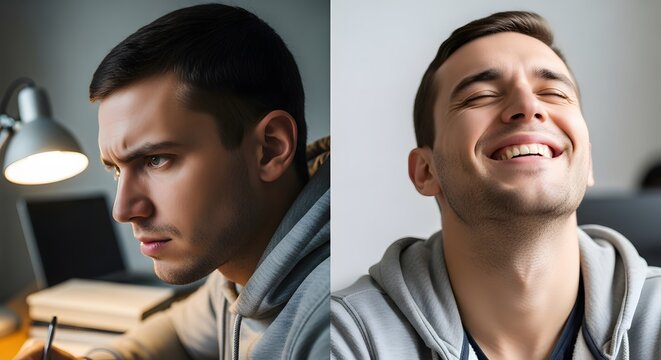 A young man with short dark hair and a serious expression working on a computer in a dimly lit room, possibly studying or concentrating on a task - Powered by Adobe