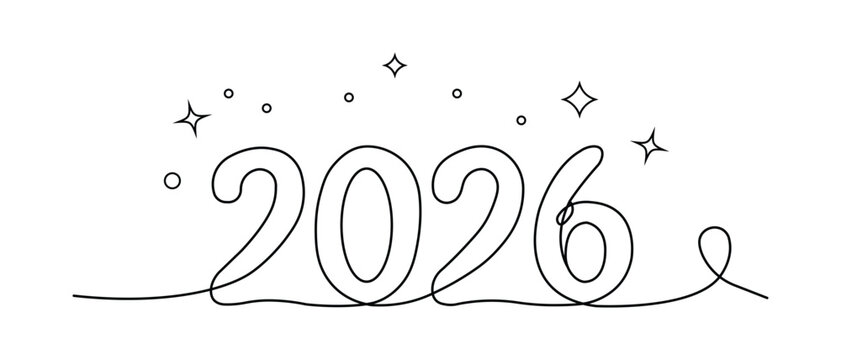 2026 New Year one line art typography with sparkles minimalist vector illustration