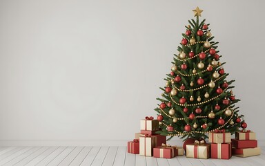 Festively decorated christmas tree adorned with ornaments and surrounded by wrapped gifts