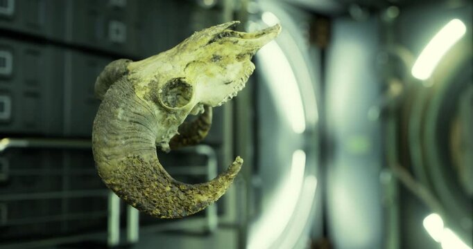 A ram skull floats in a sleek, modern environment filled with enigmatic lighting and metallic surfaces. The contrast between the ancient skull and contemporary design evokes curiosity and wonder.