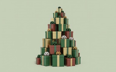 Festive christmas tree shape formed by stacked gift boxes with ornaments on a soft green background