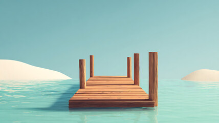 Wooden pier extending into calm turquoise water with sandy mounds