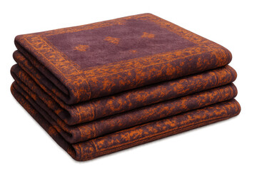 Obraz premium Stacked brown and orange patterned blankets offering cozy comfort, soft textile for home and décor. Transparent background