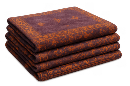 Stacked brown and orange patterned blankets offering cozy comfort, soft textile for home and décor. Transparent background