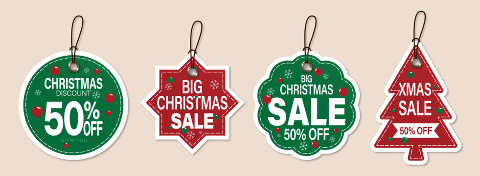 Christmas sale vector tags and labels set featuring discount price paper stickers, hanging icons, and retail promotion design illustration