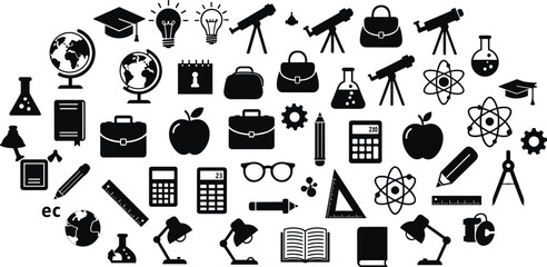 Education icons, science symbols, graduation cap, globe, telescope, microscope, books, calculator, atomic symbol, laboratory flask, school supplies vector illustration, academic