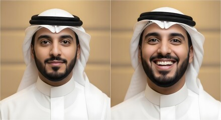 Portrait of a smiling young man wearing traditional Middle Eastern attire with a white thobe and head covering, showcasing happiness and cultural heritage