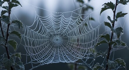 Close-up of a spider web covered in dew drops between green leaves on a misty morning