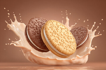 Three delicious cream-filled sandwich cookies one vanilla two chocolate splash in rich creamy liquid on a warm brown background a tempting snack