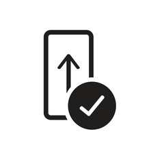 Black and white icon of an upload symbol with an arrow and a checkmark in a circle on the bottom right vector icon