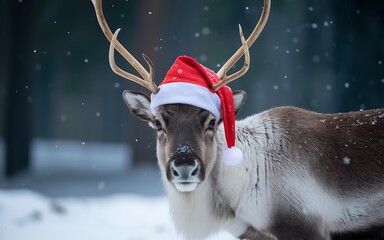 A majestic reindeer wearing a festive red santa hat in a snowy winter forest landscape
