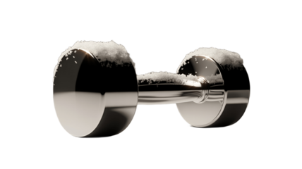 A shiny dumbbell with a touch of snow, hinting at a winter workout.