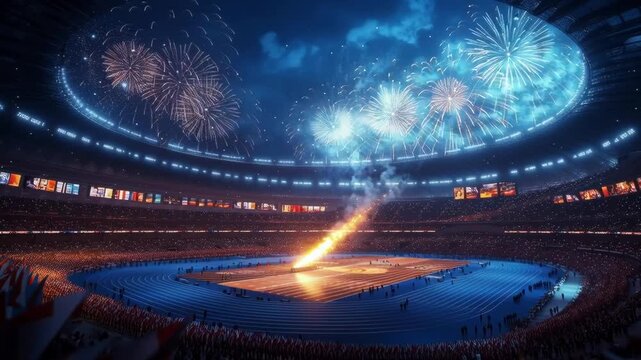 Spectacular fireworks light up a stadium during a major sporting event