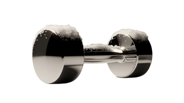 A shiny dumbbell with a touch of snow, hinting at a winter workout.