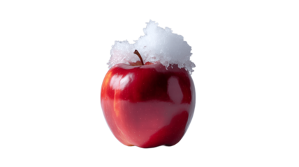 A red apple, crowned with a delicate dusting of snow, a striking contrast.