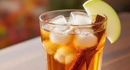 A refreshing glass of iced apple cider with cinnamon stick and green apple slice garnish.