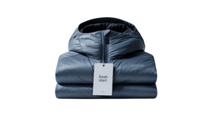 A neatly folded waterproof jacket with a hang tag.