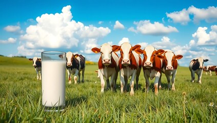 Glass of fresh milk in a green field with cows grazing under a blue sky with white clouds milk