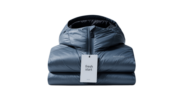 A neatly folded waterproof jacket with a hang tag. - Powered by Adobe